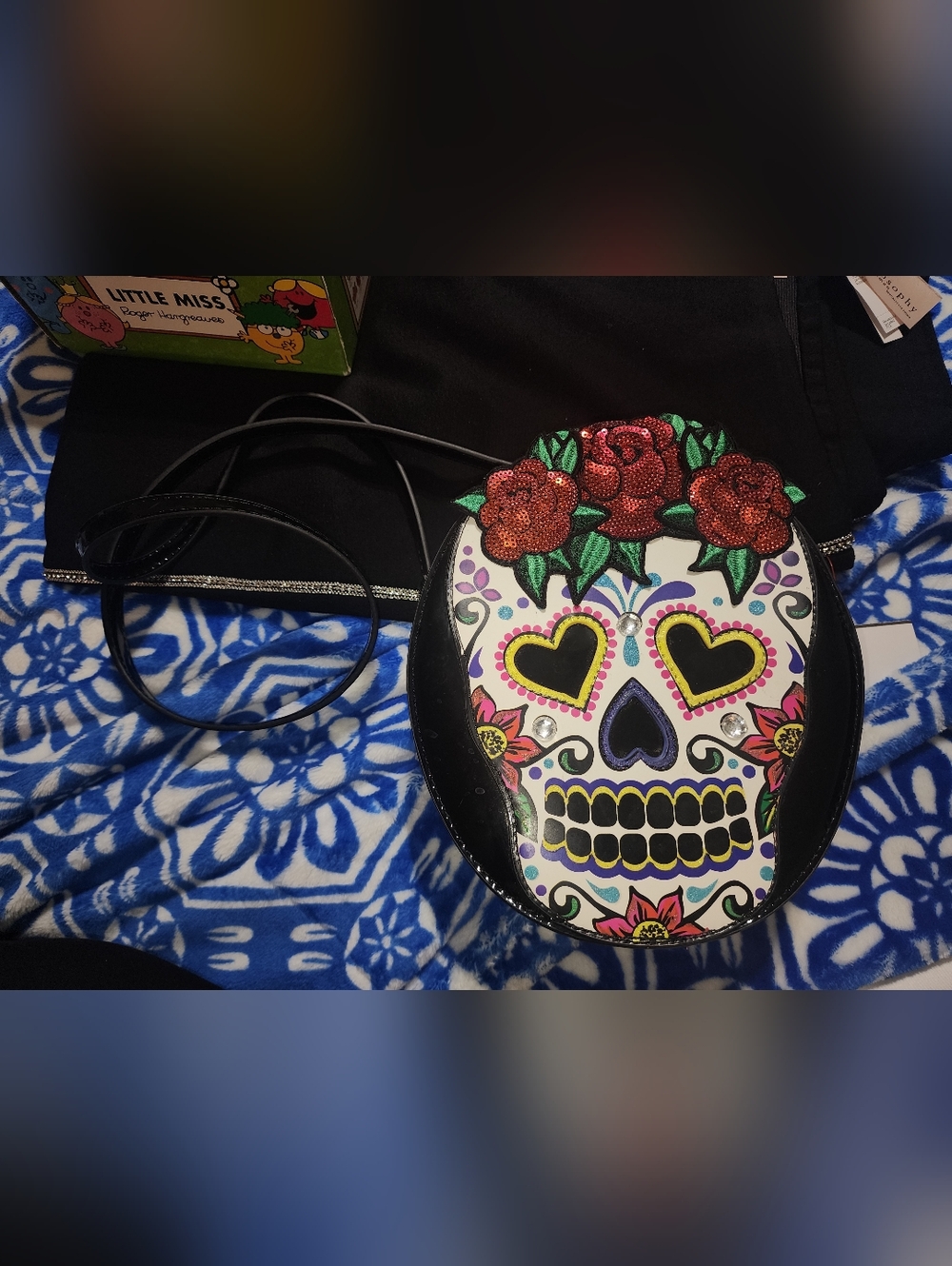 Betsey Johnson Day Of The Dead Black Round Purse Shoulder Bag W/ sequins - Picture 6 of 6